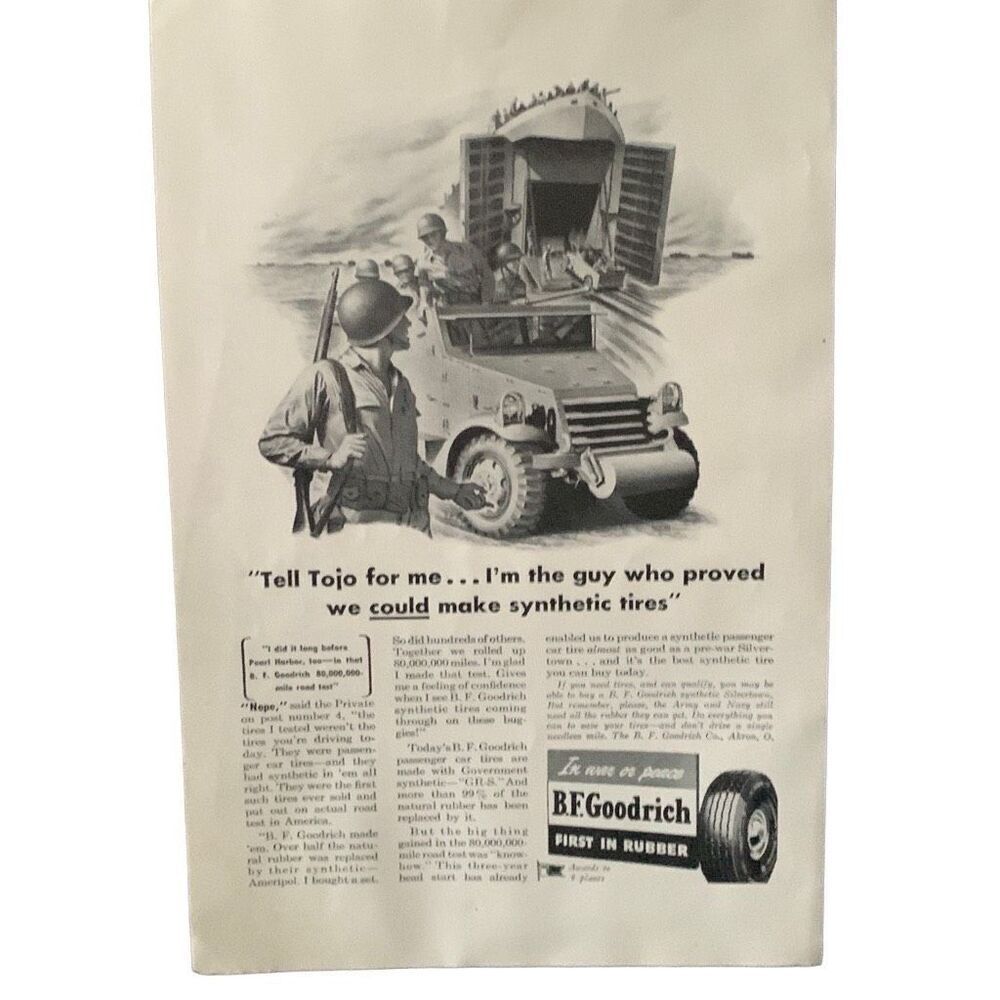 Vintage 1944 BF Goodrich Tires Tell Tojo Ad Advertisement